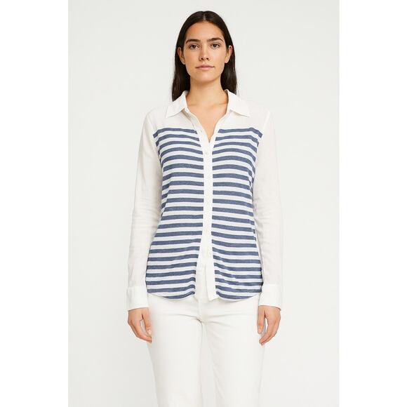 Anthropologie Ella Moss Button up Blouse Striped Blue White Medium Coastal Fall - Picture 1 of 5